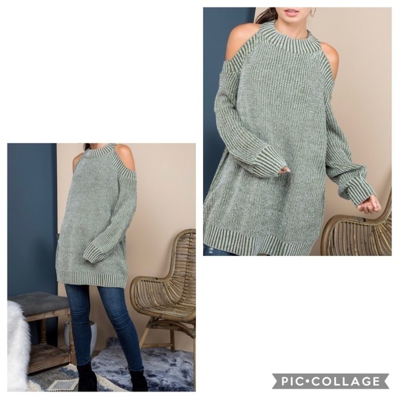 HP!! 💥🎉💥Sage Green Open Shoulders Sweater - Picture 3 of 4